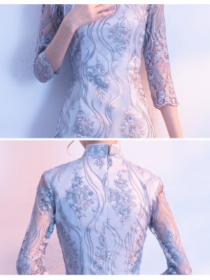 Gray Embroidered Split Qipao / Cheongsam Evening Dress