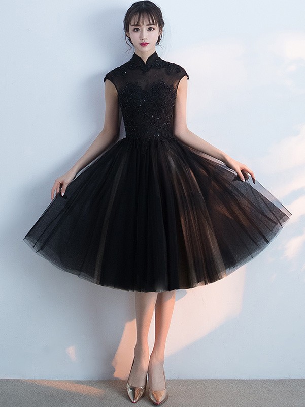 Black Midi Qipao / Cheongsam Evening Dress with Tulle Skirt