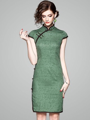 Green Floral Linen Qipao / Cheongsam Dress - CozyLadyWear