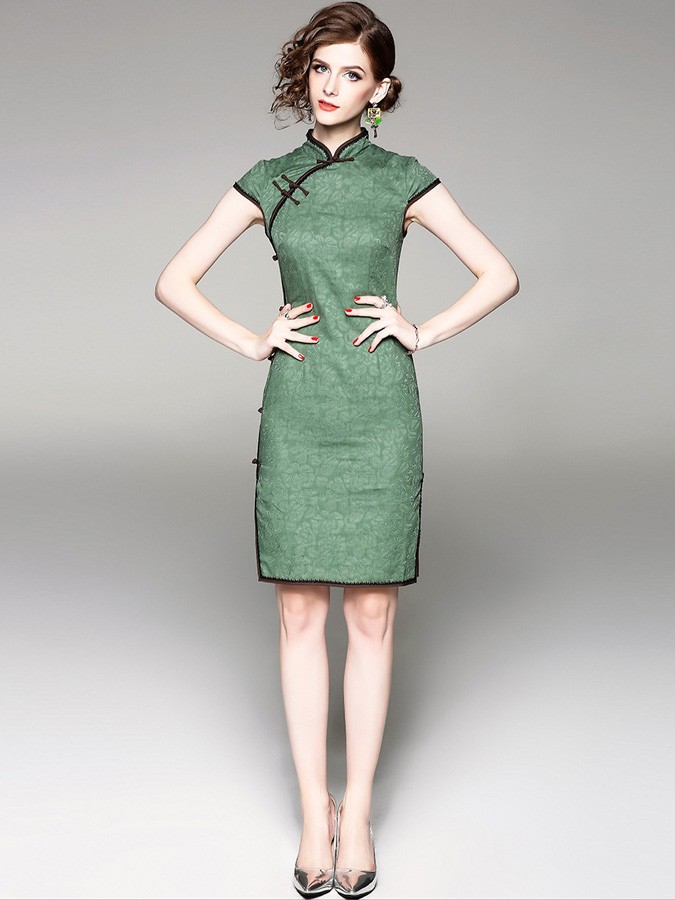 Green Floral Linen Qipao / Cheongsam Dress - CozyLadyWear