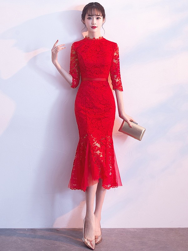 Lace Fishtail Midi Party Dress with Half Sleeve