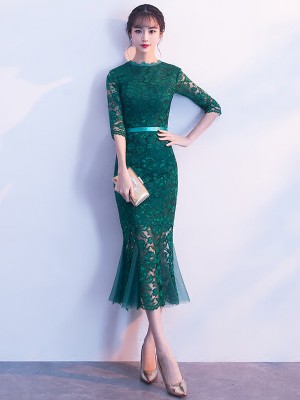 Lace Fishtail Midi Party Dress with Half Sleeve