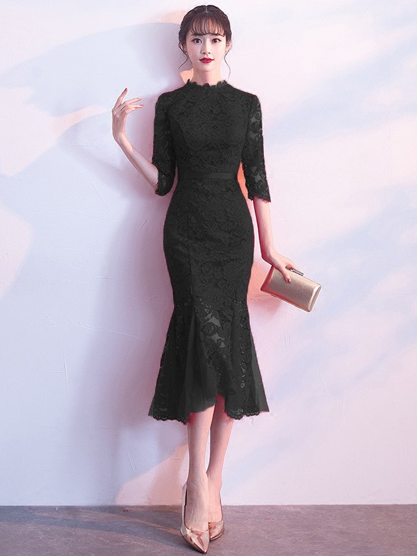 Midi Lace Fishtail Hem Party Dress with Half Sleeve