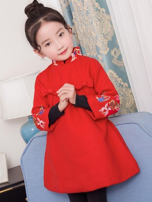 Red Embroidered Quilt Kids Cheongsam / Qipao Dress