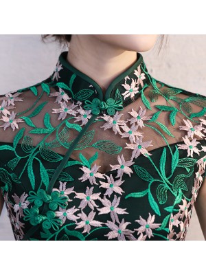 Green Embroidered Overlay Qipao / Cheongsam Evening Dress - CozyLadyWear