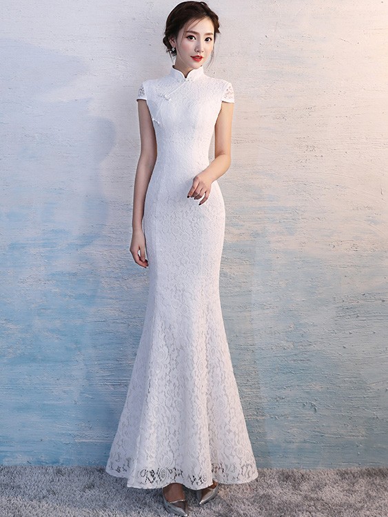 White Lace Long Qipao / Cheongsam Wedding Dress