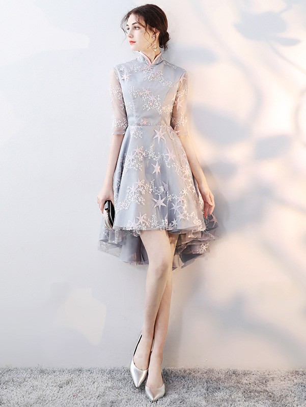 Embroidered Star Qipao / Cheongsam Dress with High Low Hem