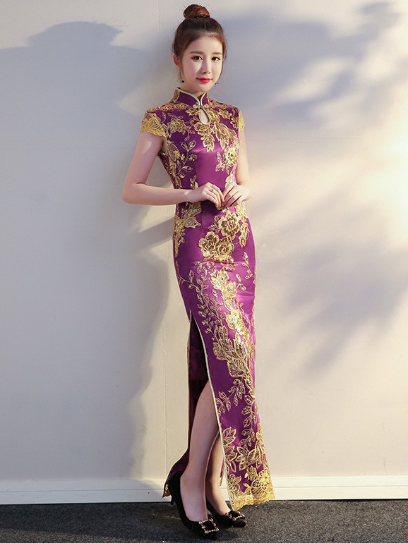 Purple Sequined Long Qipao / Cheongsam Evening Dress