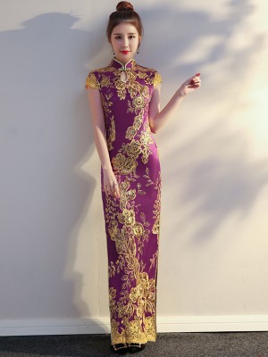 Purple Sequined Long Qipao / Cheongsam Evening Dress