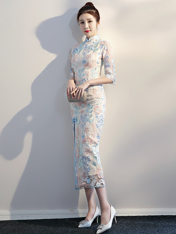 Split Front Embroidered Qipao / Cheongsam Evening Dress