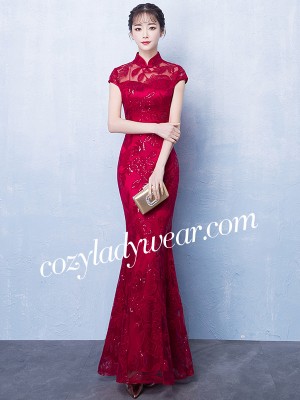 Wine Red Sequined Fishtail Qipao / Cheongsam Wedding Dress