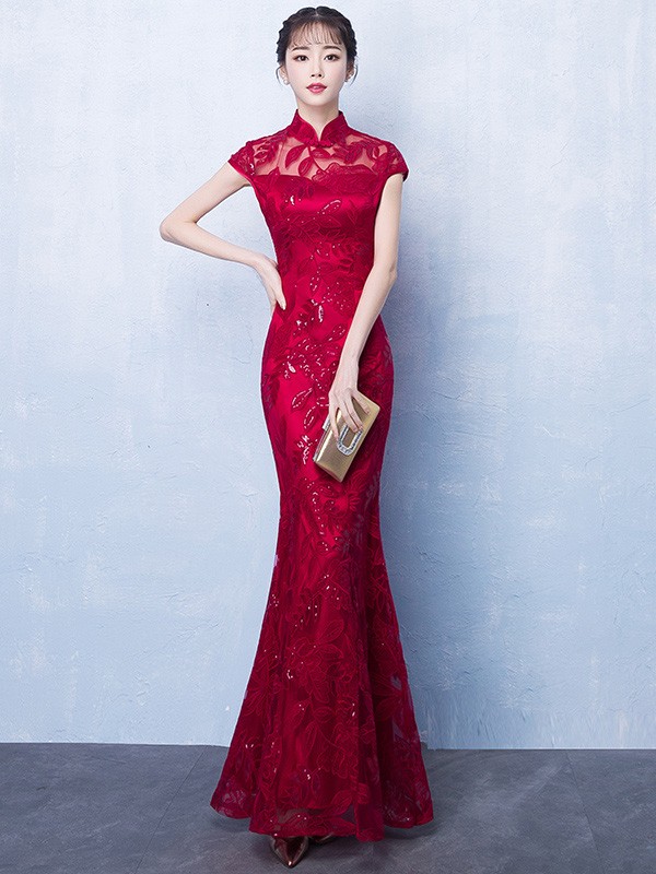 Wine Red Sequined Fishtail Qipao / Cheongsam Wedding Dress