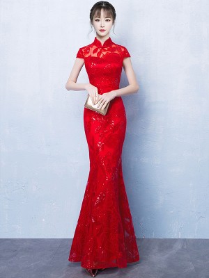 Red Sequined Fishtail Qipao / Cheongsam Wedding Dress