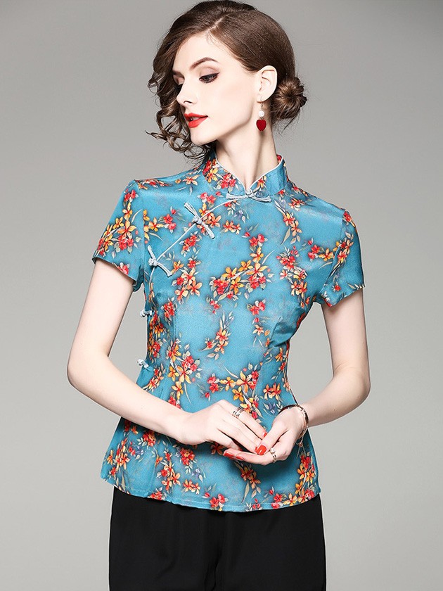 Blue Floral Printed Qipao / Cheongsam Top Blouse