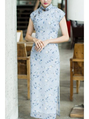 Blue Floral Chiffon Long Qipao / Cheongsam Dress