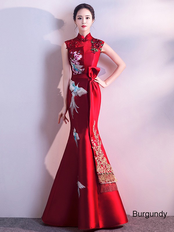 Embroidered Fishtail Qipao / Cheongsam Wedding Dress with Cutout Back