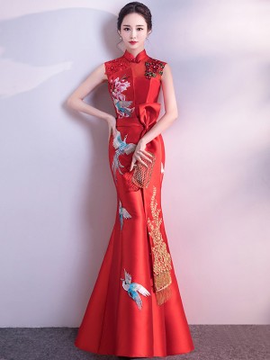 Embroidered Fishtail Qipao / Cheongsam Wedding Dress with Cutout Back