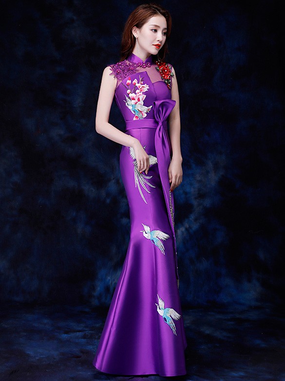 Purple Embroidered Fishtail Qipao / Cheongsam Evening Dress with Cutout Back