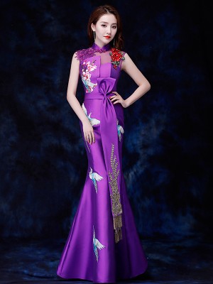 Purple Embroidered Fishtail Qipao / Cheongsam Evening Dress with Cutout Back