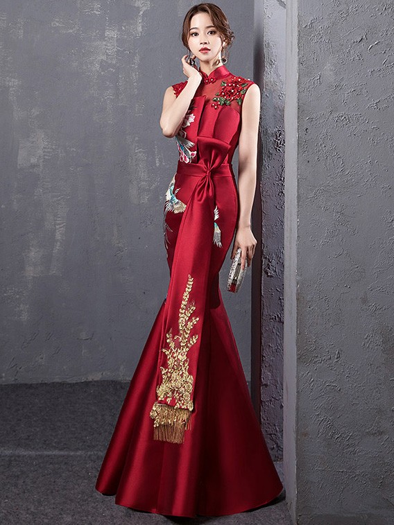 Wine Red Embroidered Fishtail Qipao / Cheongsam Evening Dress