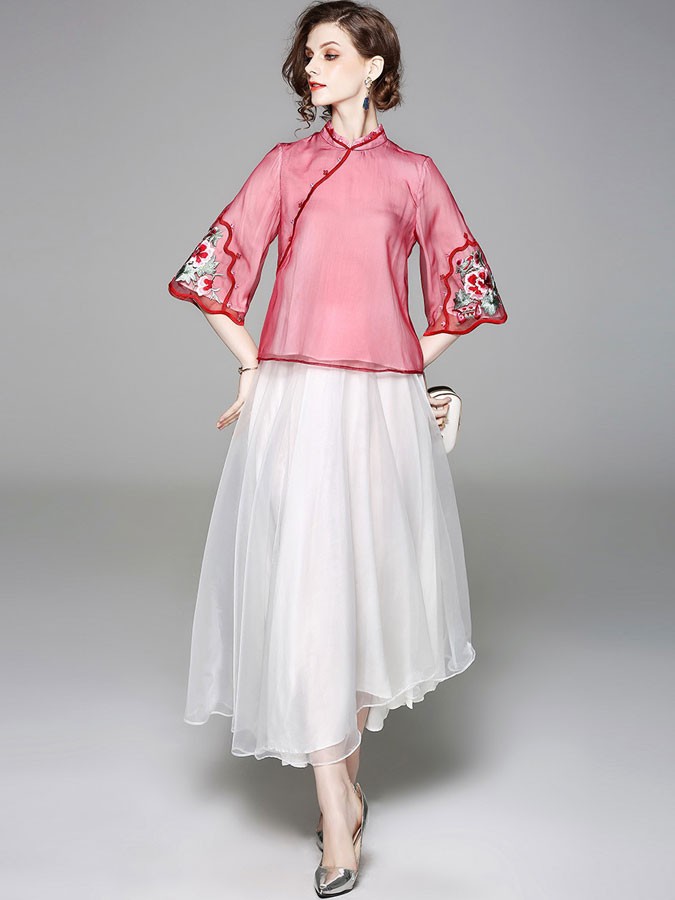 Embroidered Qipao / Cheongsam Blouse in Organza