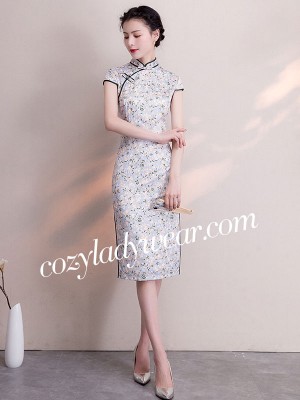 Gray Floral Casual Midi Qipao / Cheongsam Dress