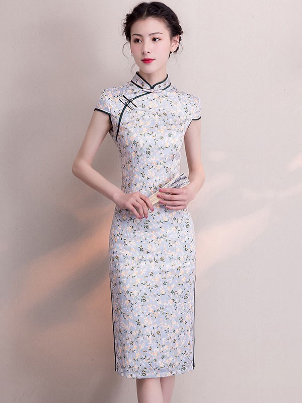 Gray Floral Casual Midi Qipao / Cheongsam Dress