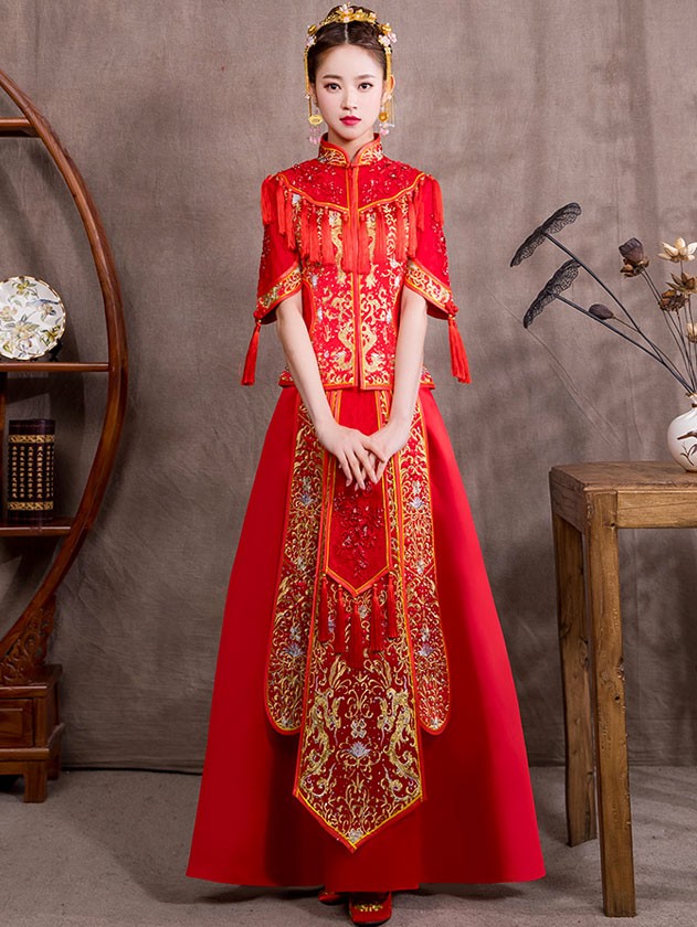 Embroidered Dragon Tassel Wedding Qun Kwa with Sequins