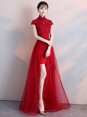 Red Lace Qipao / Cheongsam Wedding Dress with Detachable Skirt