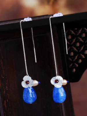 Blue Glass Dangle Drop Silver Chain Earrings