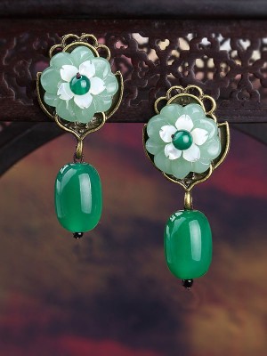 Green Jade Dangle Earrings, Chinese Drop Earrings