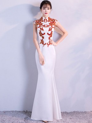 White Fishtail Appliques Qipao Cheongsam Evening Dress