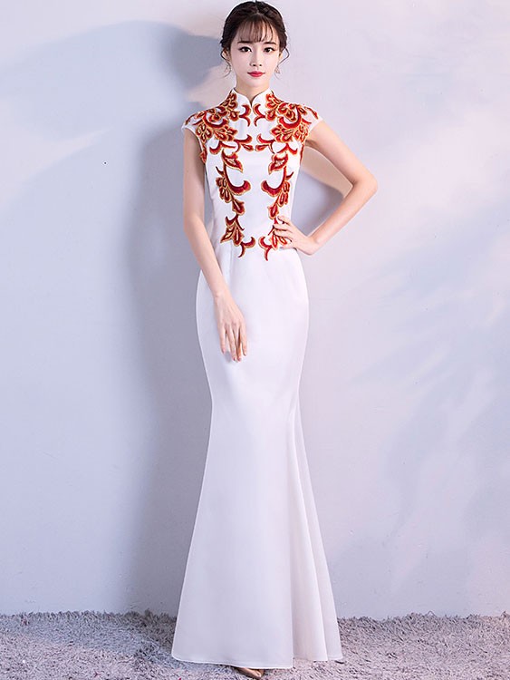 White Fishtail Appliques Qipao Cheongsam Evening Dress CozyLadyWear