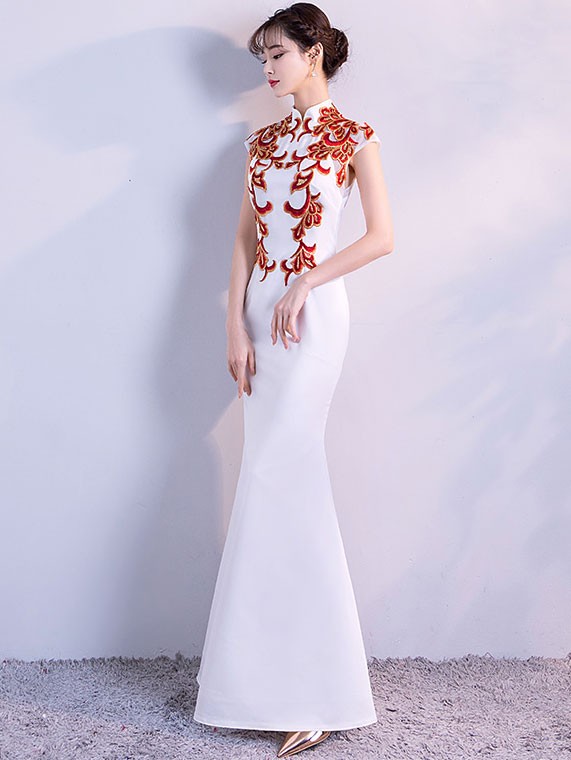 White Fishtail Qipao / Cheongsam Evening Dress with Red Embroidery
