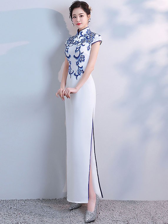 White Split Qipao / Cheongsam Evening Dress with Blue Embroidery