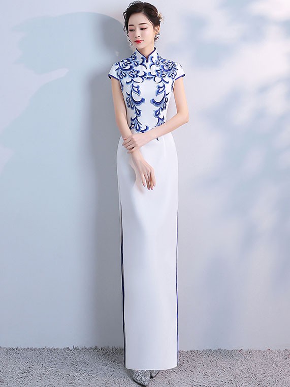White Split Qipao Cheongsam Evening Dress with Blue Embroidery