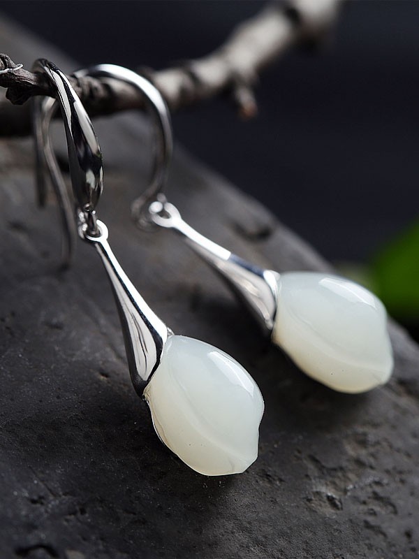 White Jade Drop Earrings, Silver Dangle Earrings CozyLadyWear