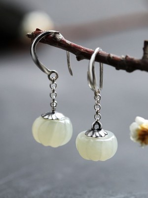 White Jade Earrings, Silver Dangle Drop Earrings