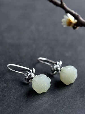 White Jade Drop Earrings, Silver Dangle Earrings