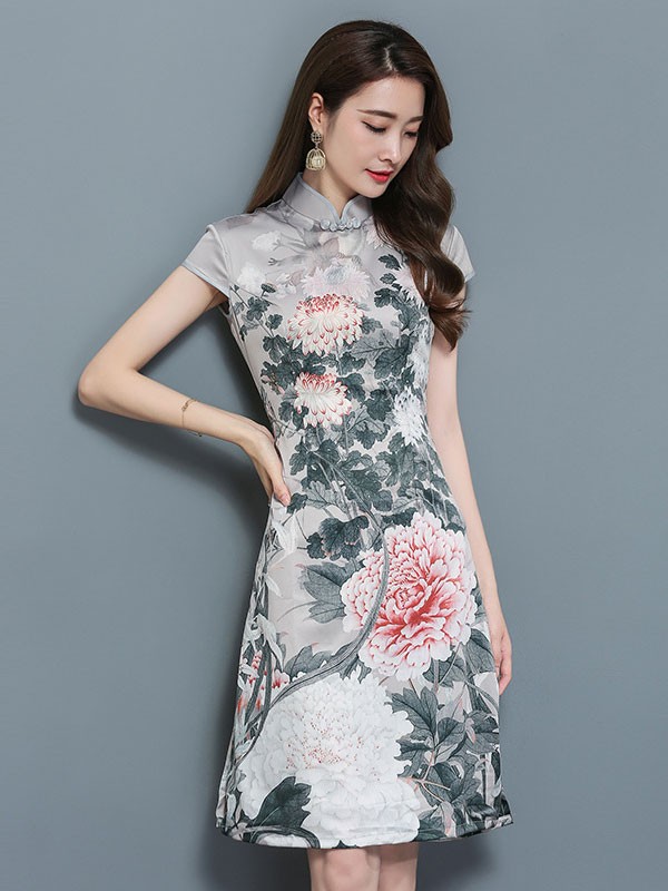 A-Line Bloom Printed Qipao / Cheongsam Dress - CozyLadyWear
