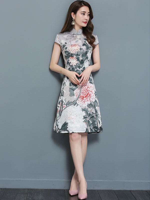 A-Line Bloom Printed Midi Qipao / Cheongsam Dress