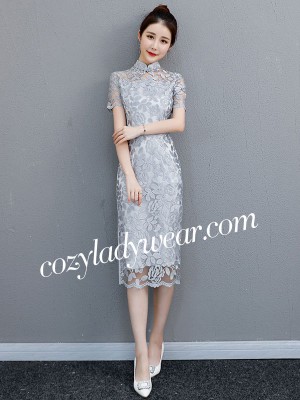 Gray Lace Midi Qipao / Cheongsam Party Dress