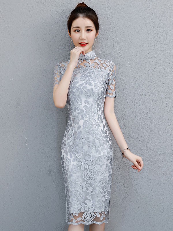 Gray Lace Midi Qipao / Cheongsam Party Dress - CozyLadyWear