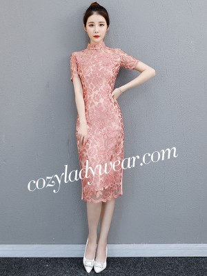 Pink Lace Midi Qipao / Cheongsam Party Dress