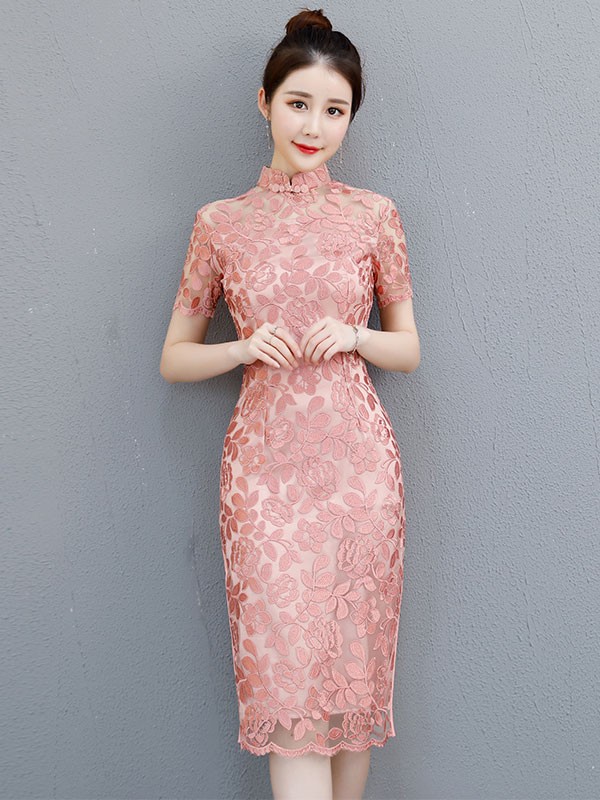 Pink Lace Midi Qipao / Cheongsam Evening Dress