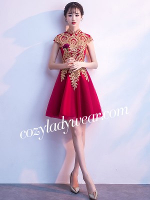 Tulle A-Line Qipao / Cheongsam Cocktail Dress with Golden Appliques