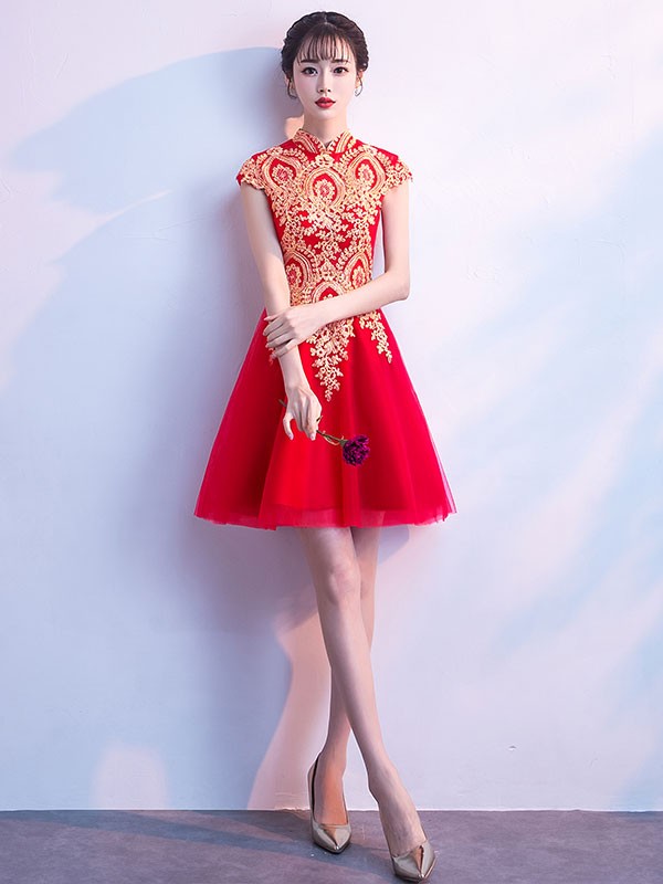 Tulle A-Line Qipao / Cheongsam Cocktail Dress with Golden Appliques