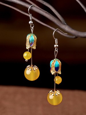 Yellow Agate Dangle Earring, Cloisonne Drop Earrings