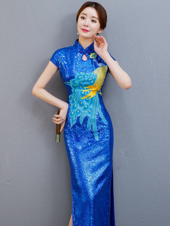 Blue Sequined Long Qipao / Cheongsam Party Dress with Split