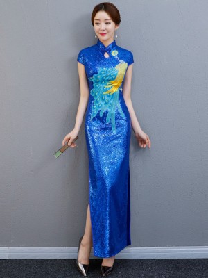 Blue Sequined Long Embroidered Qipao / Cheongsam Party Dress with Split
